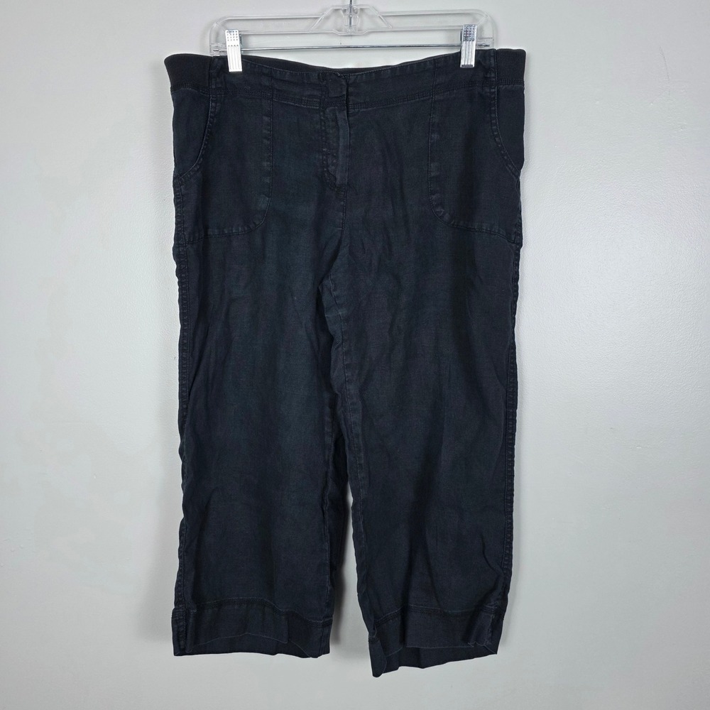 J Jill Women's Linen Cropped Wide Leg Capri Pants Size 12 Black Casual